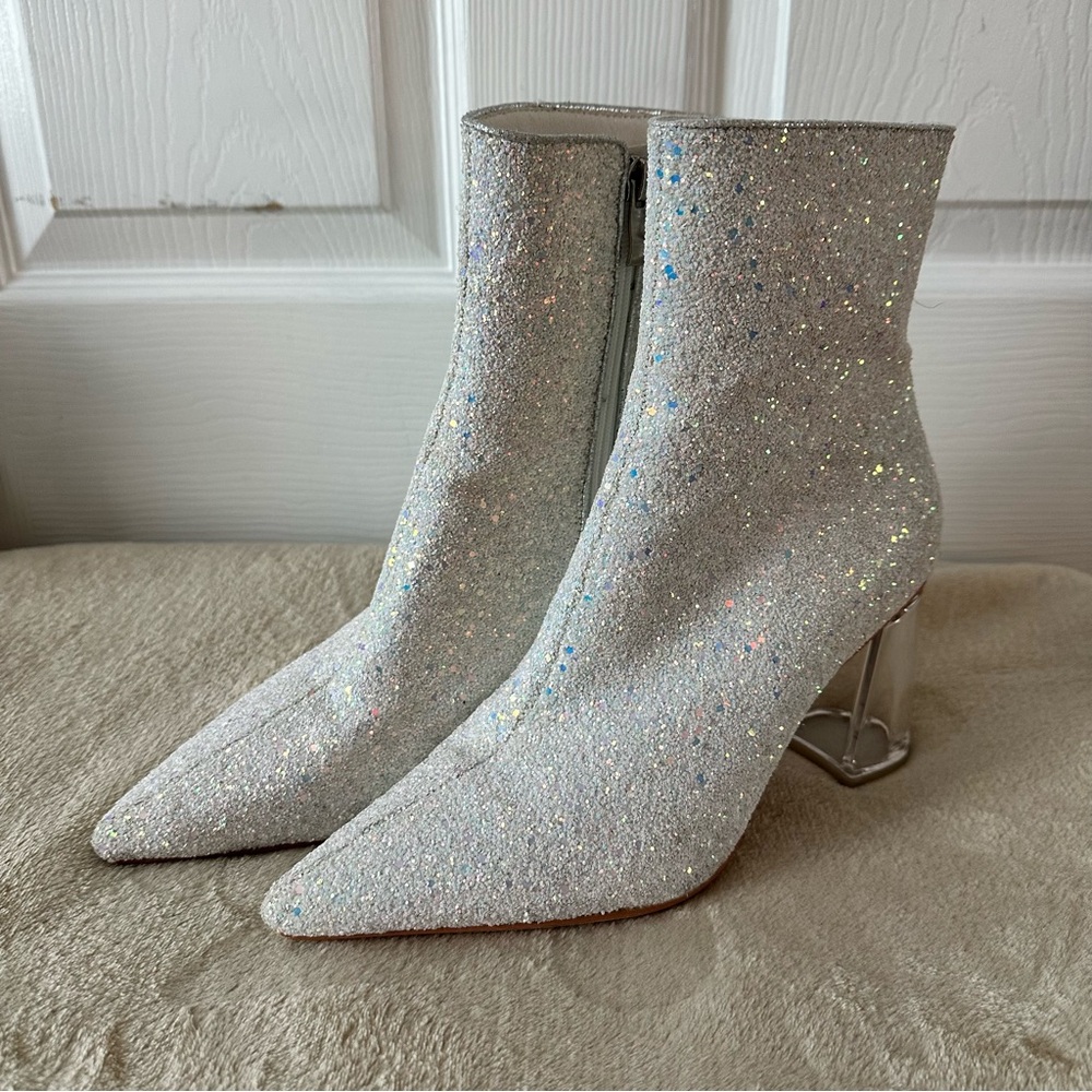 Sequin Glitter Ankle Boots Clear Sparkly Pointed Toe Block High Heel Shiny Boots